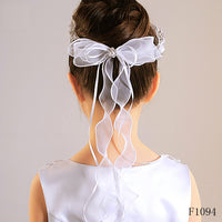 F1094 White Halo Wreath Communion Headpiece with Organza Ribbons