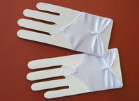 KR63523 White Stretch Satin Short Fingerless Communion Gloves with a Pearl (regular size)