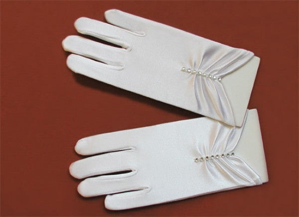KR63322 Shiny Stretch Satin Short White Communion Gloves with a Line of Rhinestones (regular & large)