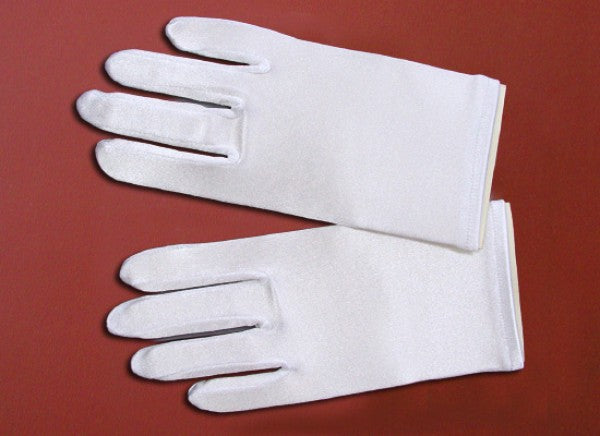 KR73227 White Plain Stretch Satin Short Communion Gloves (regular and large)