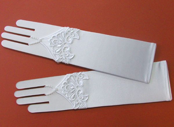 KR63417 White Long Fingerless Communion Gloves with Embroidery (regular size)