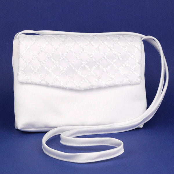 KR6296 White Satin Communion Handbag with Criss Cross Sequins