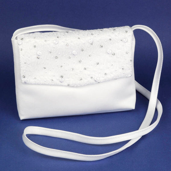 KR6298 White Satin Communion Handbag with Lace & Diamonds