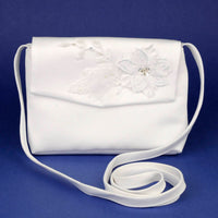 KR6271 White Satin Communion Handbag with Flower Applique
