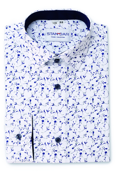 M5 White Formal Shirt with Navy & Grey Leaf Pattern (7-13 years)