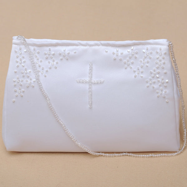 M6362 White Communion Handbag with Bead Cross & Handle