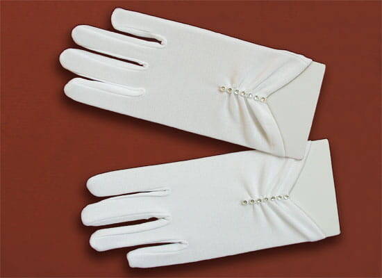 KR63322M Matte Stretch Short White Communion Gloves with a Line of Rhinestones (regular & large)