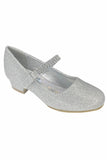 MIA Silver Dress Shoes with Rhinestone Strap and Small Heel Junior Sizes 9 to 6