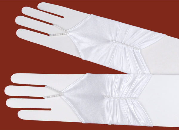 KR63644 Midi Fingerless White Communion Gloves with a Row of Pearls (regular size)