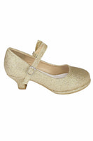PEARL Gold Patent Dress Shoes with Heel , Ankle Strap and Side Bow (Junior Sizes 10 to 6)