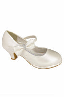PEARL Ivory Patent Dress Shoes with Heel , Ankle Strap and Side Bow (Junior Sizes 10 to 6)