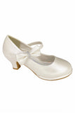 PEARL Ivory Patent Dress Shoes with Heel , Ankle Strap and Side Bow (Junior Sizes 10 to 6)