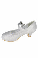 PEARL Silver Patent Dress Shoes with Heel , Ankle Strap and Side Bow (Junior Sizes 10 to 6)