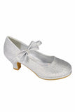 PEARL Silver Patent Dress Shoes with Heel , Ankle Strap and Side Bow (Junior Sizes 10 to 6)
