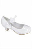 PEARL White Patent Dress Shoes with Heel , Ankle Strap and Side Bow (Junior Sizes 10 to 6)