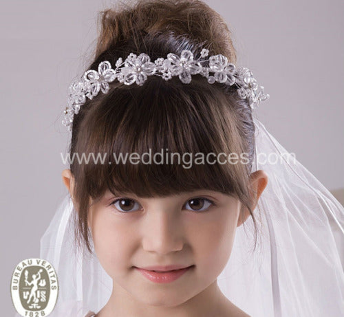 White Communion Halo Headpiece with Beaded Flowers and Veil