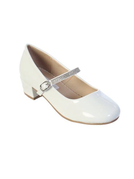 TKS134 White Patent Dress Shoes with Block Heel & Rhinestone Strap (Junior Sizes 9 to 5)
