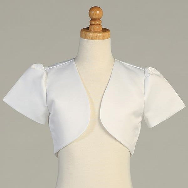 #9303 White Short Sleeve Satin Bolero (5-14 years and plus sizes)